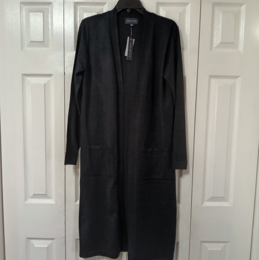 Premise Long Cardigan Open Front Black